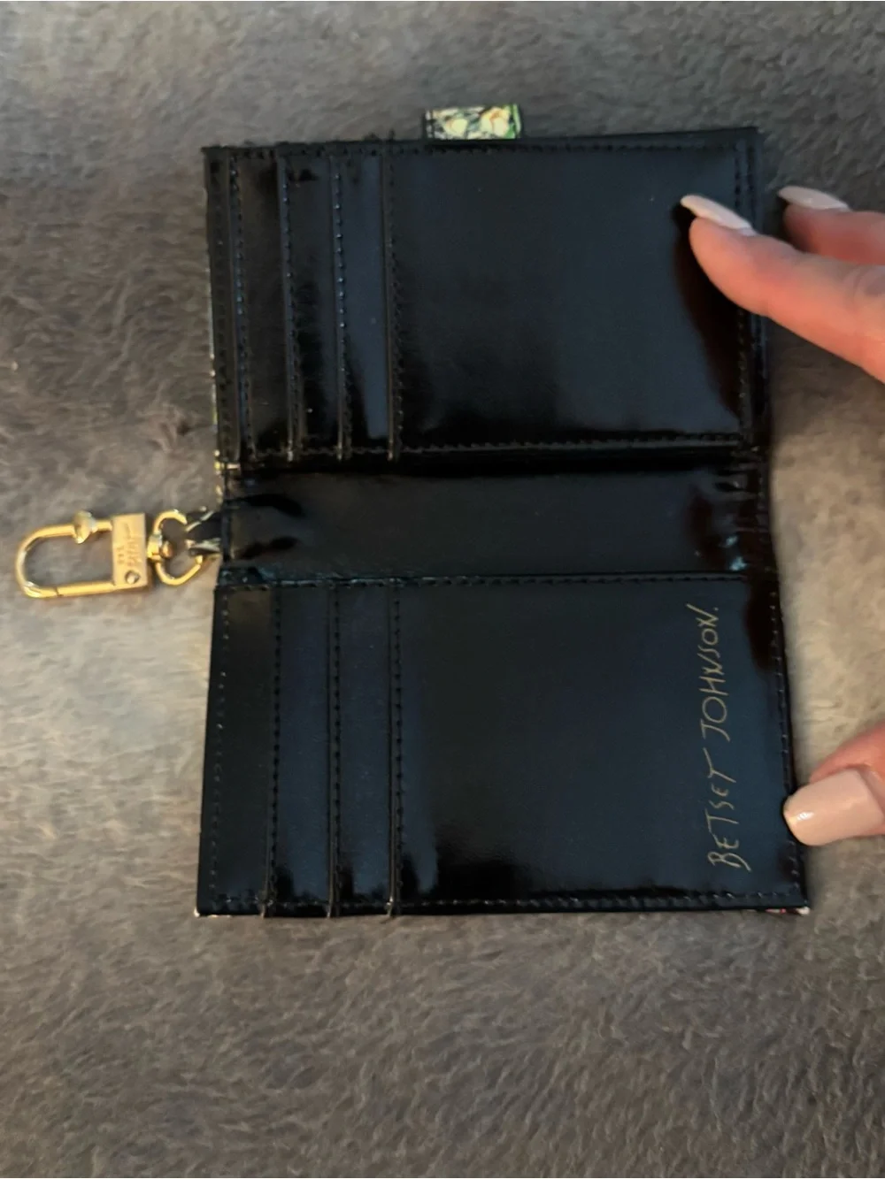 Betsey Johnson Black Floral Card Case Wallet Keychain Bag Charm Gold